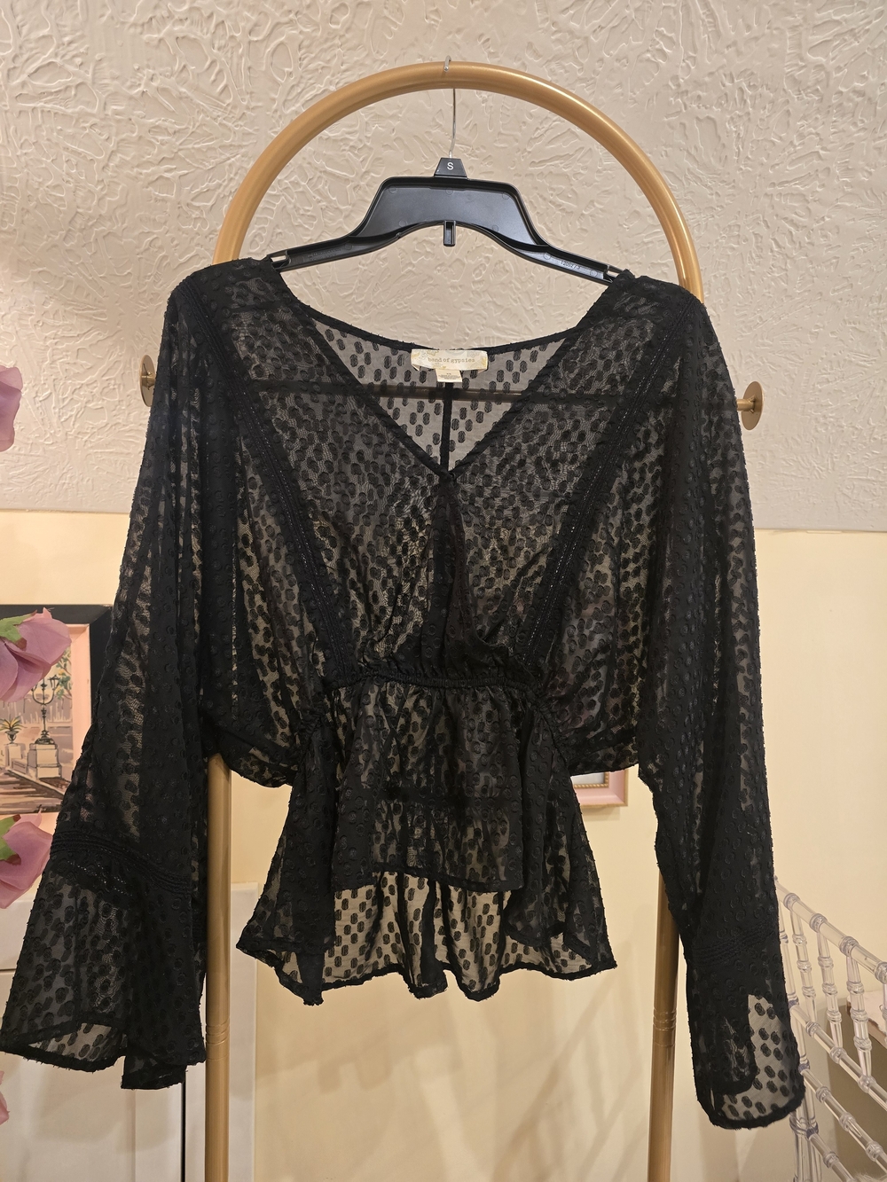 Band of Gypsies Black Sheer V-Neck Peplum Blouse